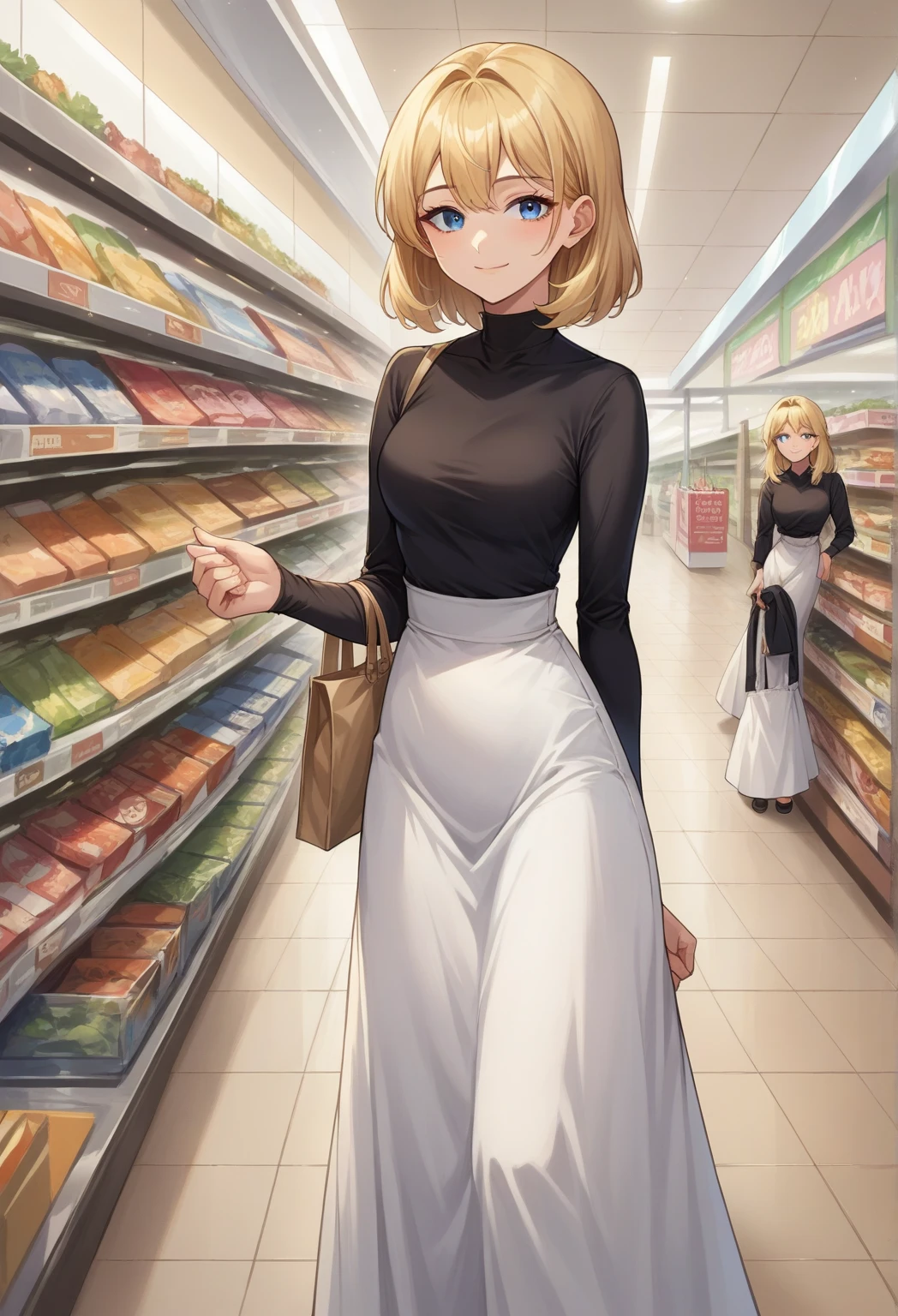 score_9, score_8_up, source_anime, 1girl, solo, Ashelia, medium hair, blonde hair, blue eyes, high-waist skirt, long skirt, white skirt, black shirt, long sleeves, smile, standing, indoors, shopping mall, 