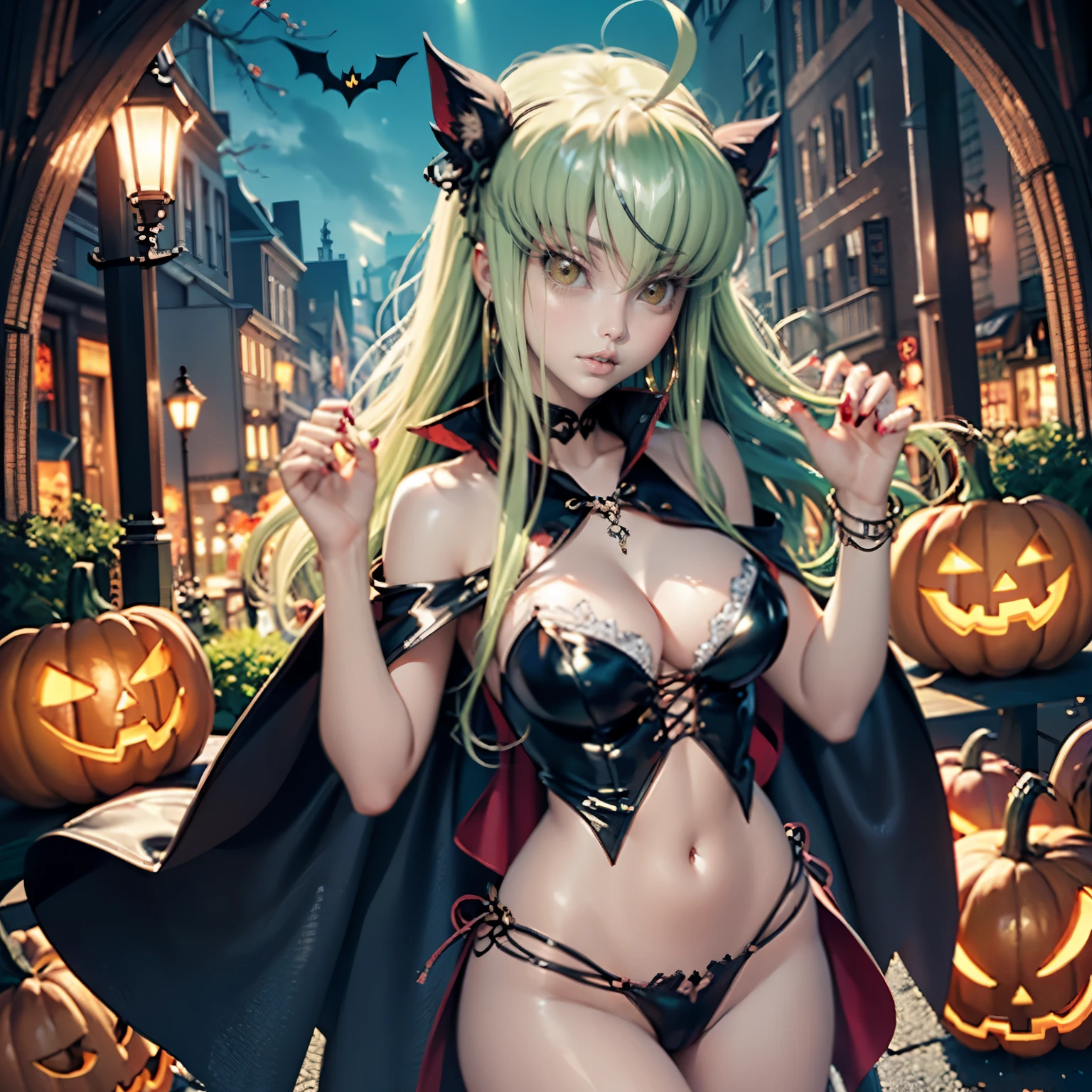 C.C_(code geass), 1girl, dress, jewelry, blonde hair, glow hair, flowing hair, ahoge, armpits, vampire aesthetic, bare shoulders, glow eyes, vampire costume for Halloween, Halloween theme, chest sarashi, claw pose, tassel, collarbone, cowboy shot, cute ghost, hair between eyes, hair intakes, halloween, halloween costume, huge ahoge, long hair, looking at viewer, midriff, multicolored hair, vampire cape, vampire costume Halloween, smile, solo, stomach, strapless, streaked hair, thigh gap, thighs, tube top, very long hair, pumpkin lantern, candle, cemetery scenery 