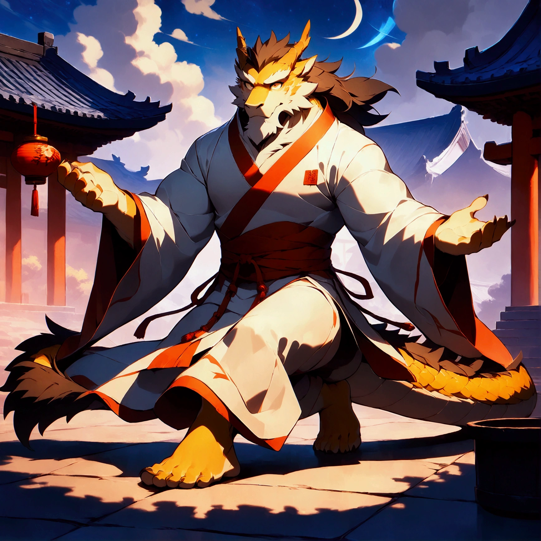 character focus, full body, looking away, dynamic angle, wuxia, daoist, a middle-aged oriental dragon man, full body in Michelangelo Buonarroti style, housamo style, digital illustration anime, BREAK serious, chinese costume clothes, robe, shirt, pants, standing, drawing a circle in the air with a finger, dynamic pose, casting magic, detailed painting landscape, starry sky, chinese shrine, outdoor, full color,  HDR, BREAK complete anatomy, perfect proportions, beautiful thigh gap, fluffy body, intricate fur details, beautiful fur texture, BREAK (a detailed oriental dragon one tail), detailed toe, 5toes, 5toes nails, beautiful foot, BREAK detailed hands, 5fingers, 5fingers nails, BREAK aesthetic anime face, insanity detailed face, male face, big face, square jawline, aesthetic anime eyes, detailed brown eyes, detailed brown cornea, detailed dark brown irises, detailed pupils, male eyes, big eyes, male eyebrows, innocent look, beautiful beard, BREAK masterpiece, official art, best quality, very aesthetic, absurdres, super fine illustration, great quality, BREAK noise reduction, very highres, large filesize, high quality, 32K, 8k wallpaper, dynamic lighting, BREAK insanity detailed, ultra detailed, intricate details, extremely detailed, detailed texture, an extremely delicate and beautiful, full color, BREAK e621 illustration, osukemo, kemohomo, anthropomorphic, furry, cartoon, harmonious, pastoral, virtuous, oriental atmosphere 