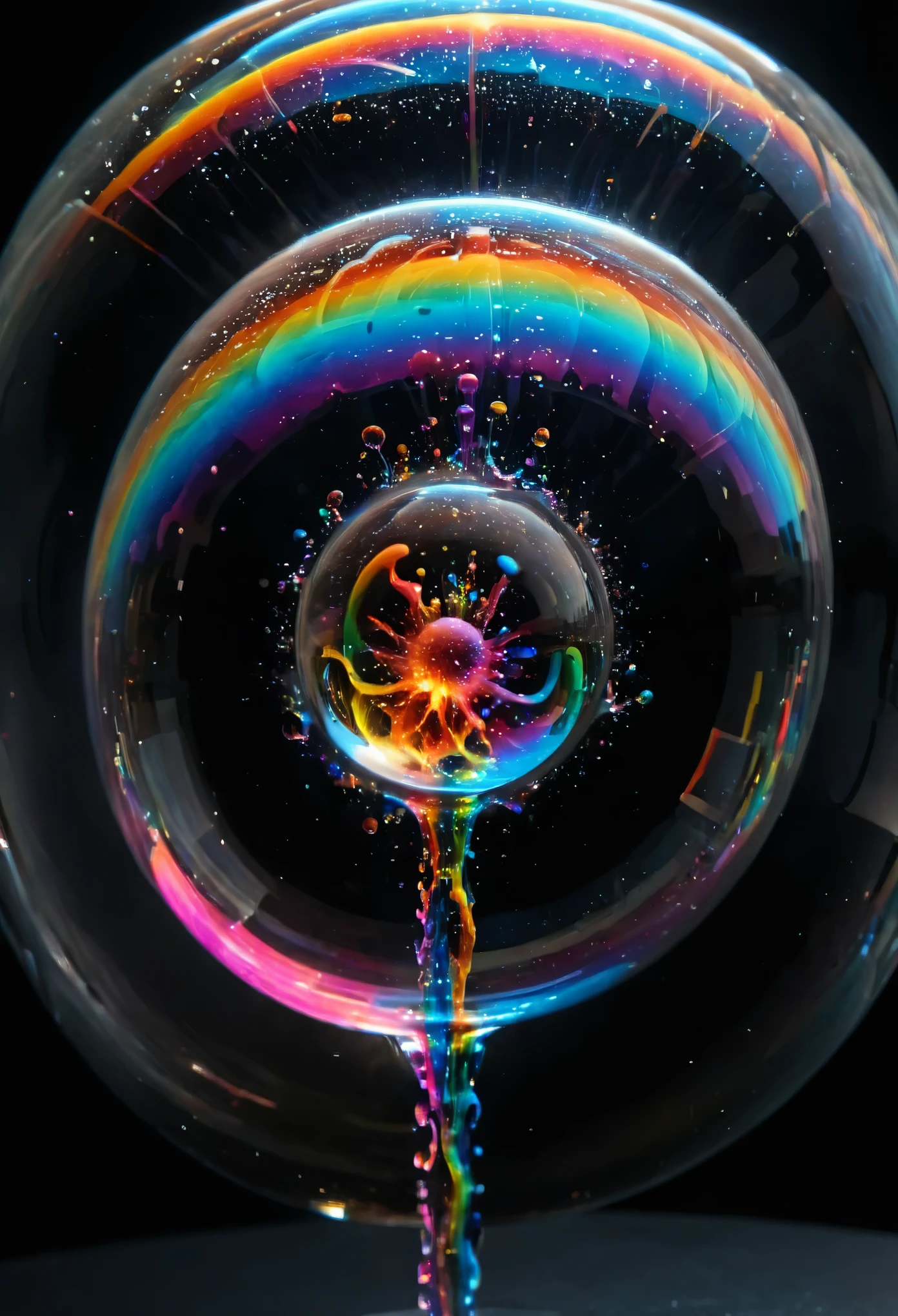 A close up of beautiful bubbles floating on top of each other, LSD, DMT imagery. octane render, psychedelic droplets of water, abstract liquid, and intricate rainbow art. octane render, black 3d fluid simulation,  ethereal bubbles, swirling liquids, and highly detailed, octane render, reflective rainbow bubbles, twisted colors inside of glass spheres, Psilocybin ImgFixinside an amazing image of light emerging from colors in a shimmering glass morphing out of colors, bright neon and fluorescent colors,very bright, vibrant colors, perfectly formed and symmetrical reflective bubbles and spheres, attention to detail with these beautiful bubbles and spheres, Extreme Hallucinations in a gorgeous piece of  psychedelic digital artwork, Stunning, pixel art, tripped out colors, 4d mandelbulb psychedelics, glass like psychedelic landscape, intricate rainbow environment, psychedelic underwater brightness and glow with neon colors, glowing colors twist inside of translucent glass spheres and bubbles with light and color reflecting off of both in bright fluorescent colors, psychedelic trip, fluorescent and neon aesthetic, psychedelic vibrant colors, bright psychedelic paint splattered backgrounds,swirling spirals and vortex, bright vibrant colors popping out from 3d glass spheres, Rotational Symmetry, Pixel Assets, Portrait photography, Surrealism, Photorealistic, Hyperdetailed, Glass Morphism, Digital Art, Sparkle, Optical Illusion, Glowing Light, Reflective Light, Overexposure, Backlighting, Depth Of Field, Spheres and bubbles show perfect Symmetry, UHD, High Details, High Quality, Super Detailed, Full Focus, Awe inspiring, Shockingly unique wallpaper art, Breathtaking, Indescribably Beautiful, Heaven sent images, Best Quality, Award Winning, MasterpieceAn amazing image of light emerging from colors in a psychedelic dream, shimmering glass morphing out of colors, bright neon and fluorescent colors,very bright, vibrant colors, perfectly formed and symmetrical reflective bubbles 