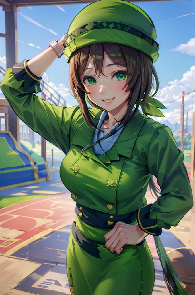 masterpiece, Best Quality,  intricate details,  very detailed on playground equipment, Super detailed,4K, intricate details panties,(((hayakawa,, ponytail,Green hat, Green Jacket , Green Skirt ,  pencil skirt )))、 smiling and smiling