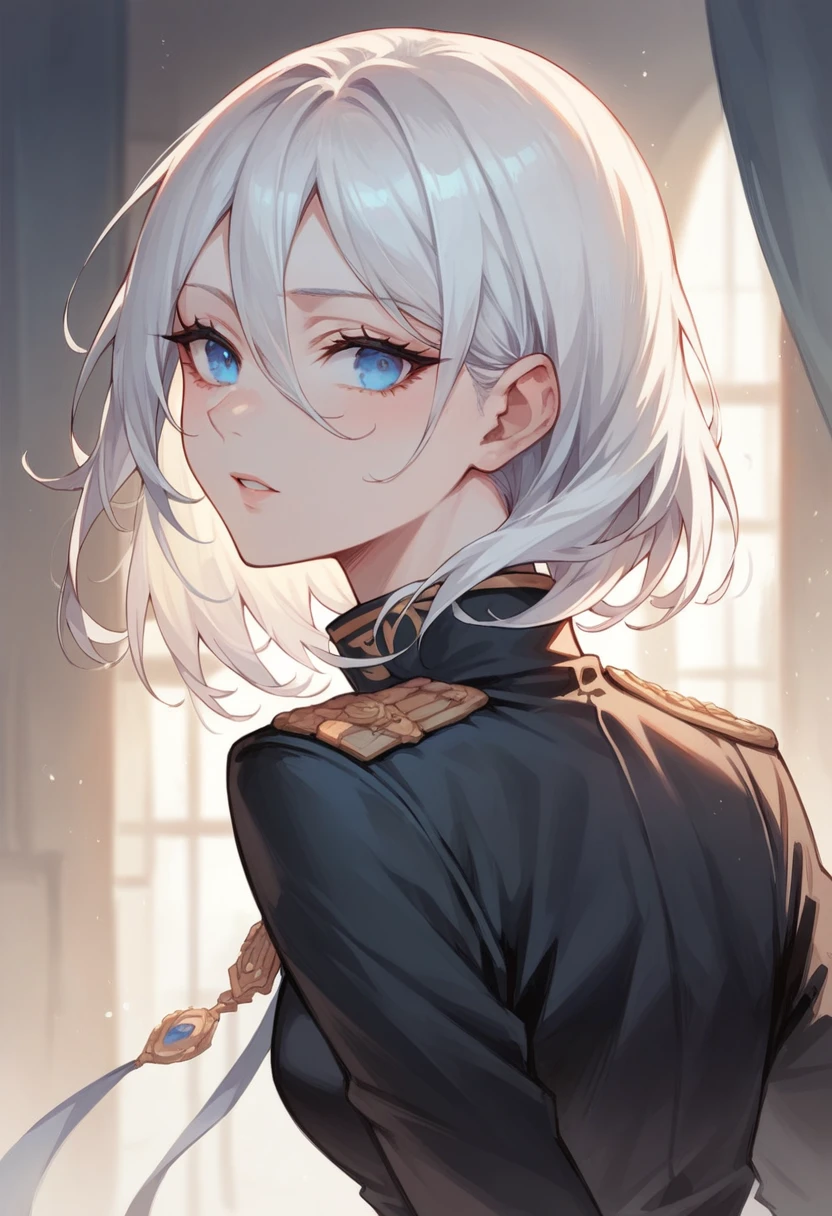 Girl in black uniform, white hair, deep blue eyes, Beautiful 