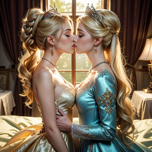 (masterpiece, best quality), highest quality, High resolution, Super detailed, realistic, Full body shot of blonde princess, detailed and beautiful eyes, beautiful detailed lips, highly detailed eyes and face, long eyelashes, princess in blue royal gown, Gorgeous and colorful makeup, Elegant and classy々pose,shining crown and jewels, Royal gardens as background, soft natural light, Bright colors, fine brush strokes, portrait style, Exquisite details in the dress material, gorgeous color palette, glowing skin, Top-notch rendering that captures every detail, enchanting atmosphere, subtle shadows and highlights, (perfect anatomy:1.2), (two stunning princesses is deeply in love with each other:1.4), (kiss:1.2)