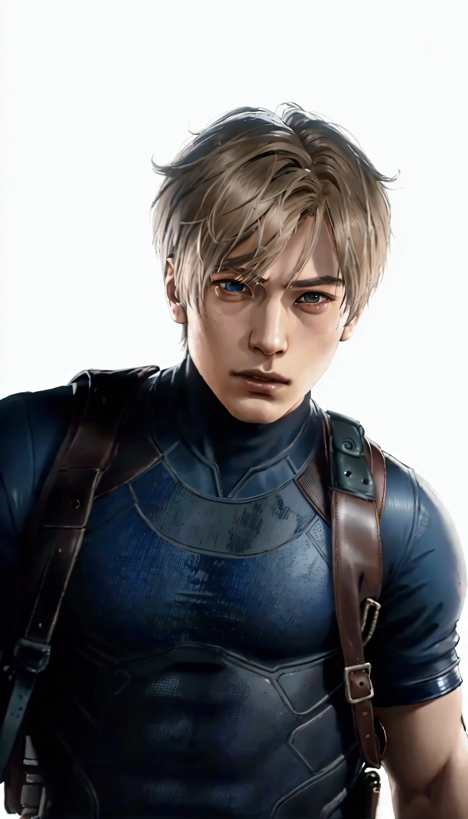 a close up of a person wearing a dark blue suit and a backpack, iu lee ji-eun as leon s kennedy, park shin hye as a leon s kennedy, jeon jungkook, resident evil character, inspired by Leon s kennedy, jungkook, highly detailed exquisite fanart, solo male character, kim hyun joo, glamorous jill valentine, kim jung giu, yayoi kasuma