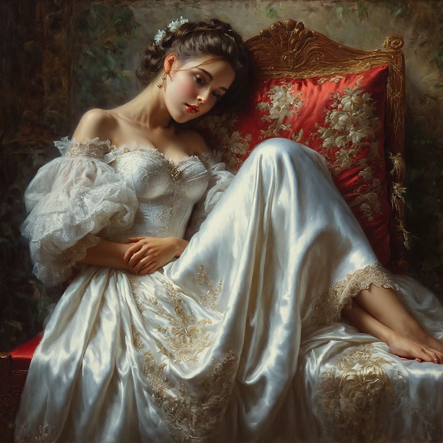  Woman from Arafe dressed in white lying on a red chair, adorable princess languidness , Volegov, detailed oil painting in HD 8k , romanticism portrait, lef Alexander Kucharsky, elegant oil painting,  inspired by Pierre Auguste Cot , by Vladimir Novak , elegant digital painting,  romanticism art style , dreamy art, sensual painting, elegant portrait