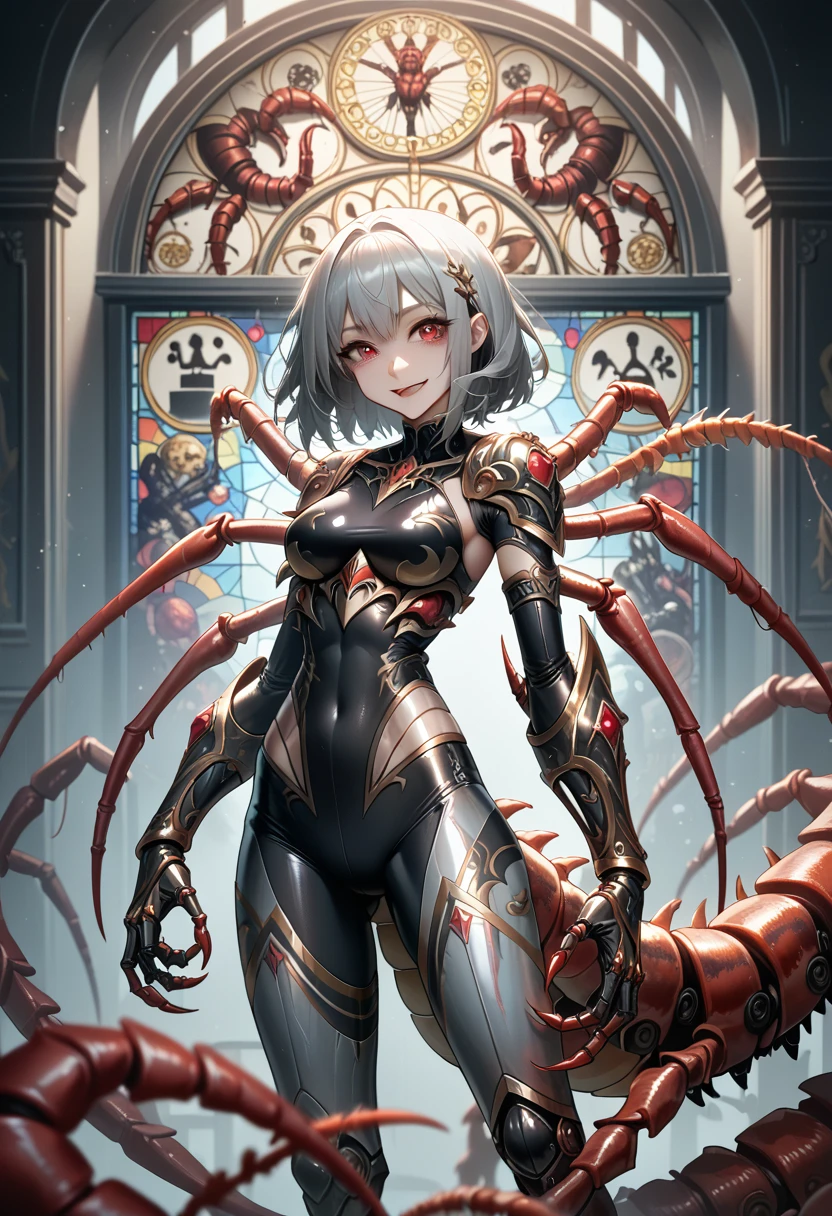 (Girl fused with a centipede). Succubus style. Insect paws. It is based on the motif of a centipede. Metallic. Light armor. Stained glass pattern costume. Gray hair. Medium hair. High legs. Body tights. Sharp claws. Large tail. Centipede tail. Black Paint Hands. Evil Smile.