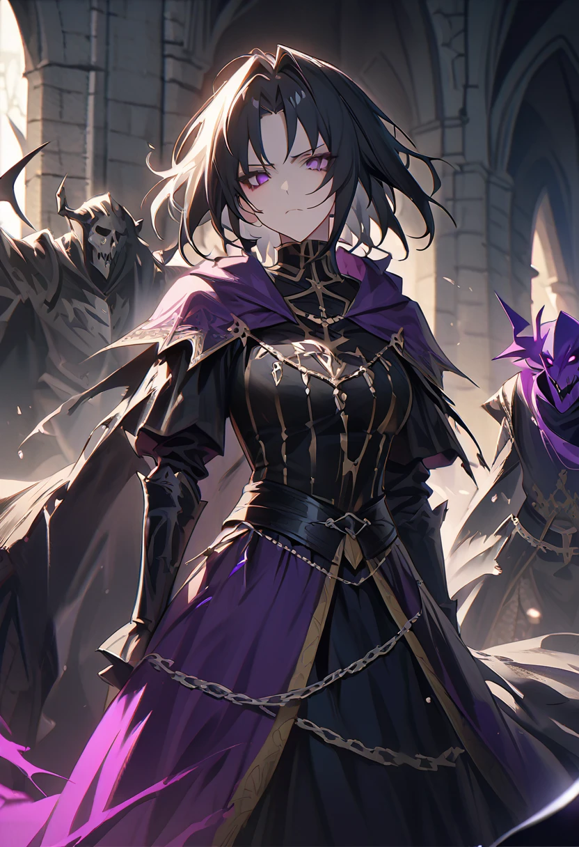 heartless anime girl, demon lord of envy, regal clothing, long black hair, purple demon eyes, widow vibes, scary, intimidating, wtich, medieval, emotionless expression, cold and heartless, evil, mature, light novel art