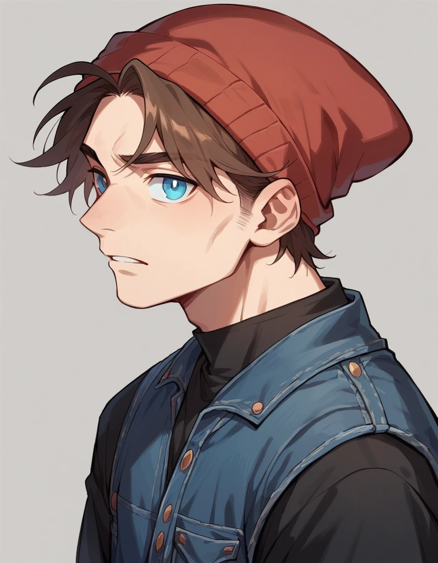 Solo ,human Male 20 Years ,Adolescent   , Brown Hair , wearing red  beanie , wearing dark blue denim vest  ,blue pupils ,Simple background, Black shirt 