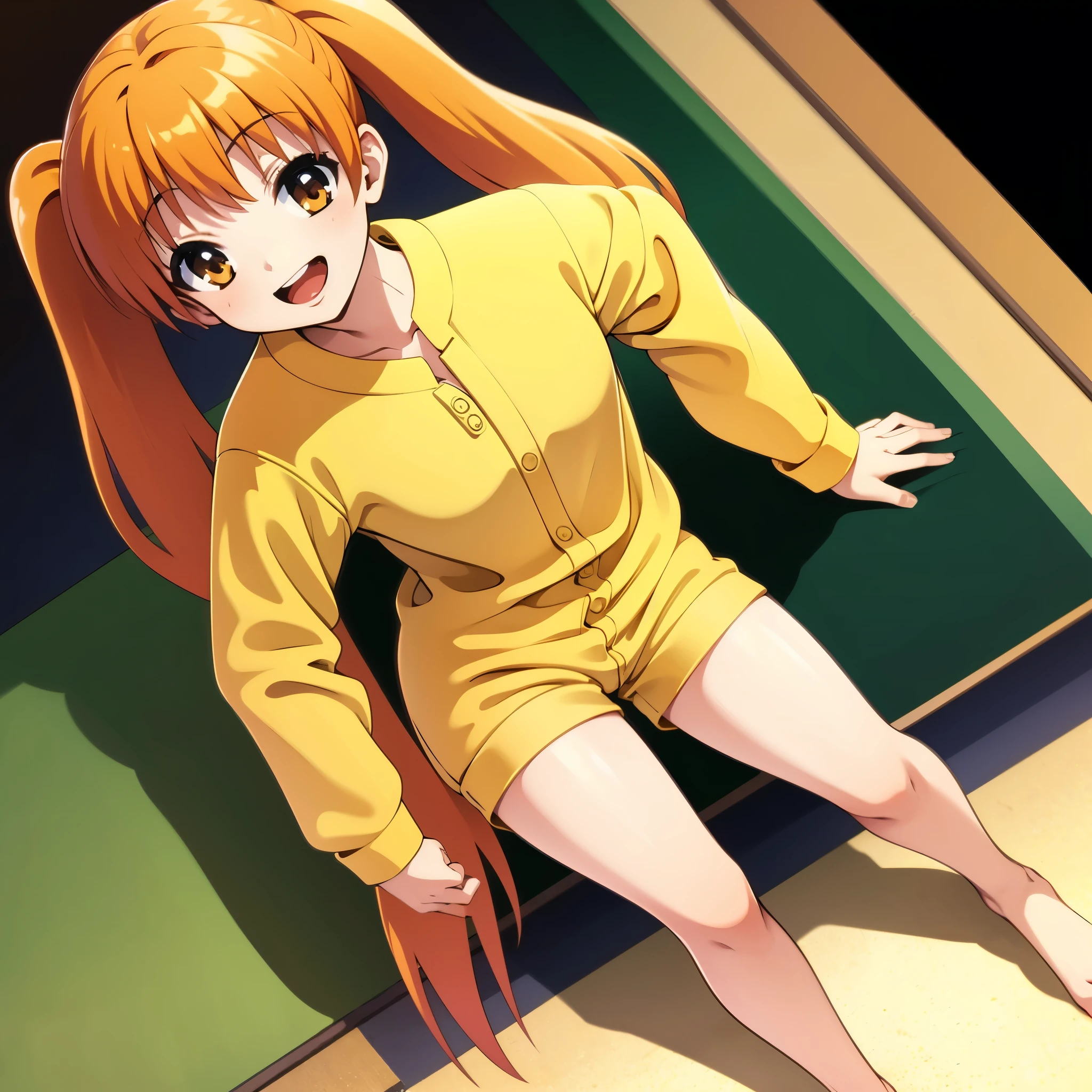 anime style,  bold line:-1, orange hair1:4, full body shot, wearing yellow pajamas1:3, sitting on the bed, bare foot1:2, break high bridge1:8, BREAK super straight hair, BREAK smile, BREAK long side twin tails1:6, standing, (best quality,4k,8k,highres,masterpiece:1.2),ultra-detailed, stretching her arms, one hand raised to touch her head, smiling happily at home, surrounded by colorful pillows and warm tones