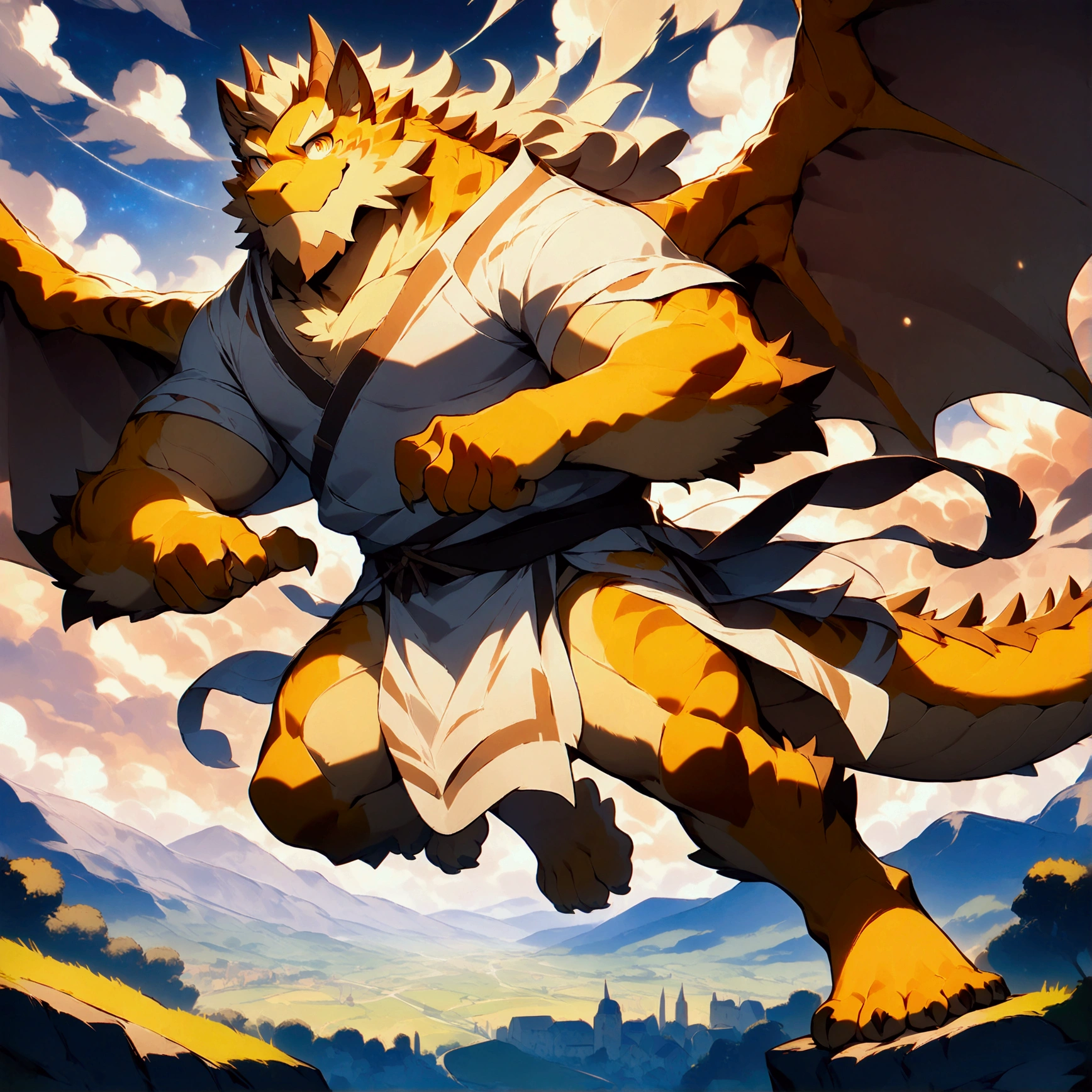 character focus, full body, looking away, dynamic angle, SFW, dragon, a muscular middle-aged dragon man, dragon wings, happy, light smile, costume clothes, armor, shirt, loincloth, rushing wind, hold with both hands quantum electromagnetic life form sacred sphere, flying, spinning fly, dynamic pose, BREAK complete anatomy, perfect proportions, beautiful thigh gap, fluffy body, intricate fur details, beautiful fur texture, BREAK a detailed dragon one tail, detailed toe, 5toes, 5toes nails, beautiful foot, detailed hands, 5fingers, 5fingers nails, BREAK cute face, aesthetic anime face, insanity detailed face, male face, big face, square jawline, aesthetic anime eyes, detailed brown eyes, detailed brown cornea, detailed dark brown irises, detailed pupils, male eyes, big eyes, male eyebrows, innocent look, beautiful beard, BREAK full body in Michelangelo Buonarroti style, digital illustration anime, housamo style, detailed painting landscape, twilight, kaleidoscopic swirls, france, outdoor, full body, HDR, BREAK masterpiece, official art, best quality, very aesthetic, absurdres, super fine illustration, great quality, BREAK noise reduction, very highres, large filesize, high quality, 32K, 8k wallpaper, dynamic lighting, BREAK insanity detailed, ultra detailed, intricate details, extremely detailed, detailed texture, an extremely delicate and beautiful, BREAK osukemo, e621 illustration, kemohomo, anthropomorphic, furry, cartoon, harmonious body, pastoral face, virtuous eyes, epic atmosphere