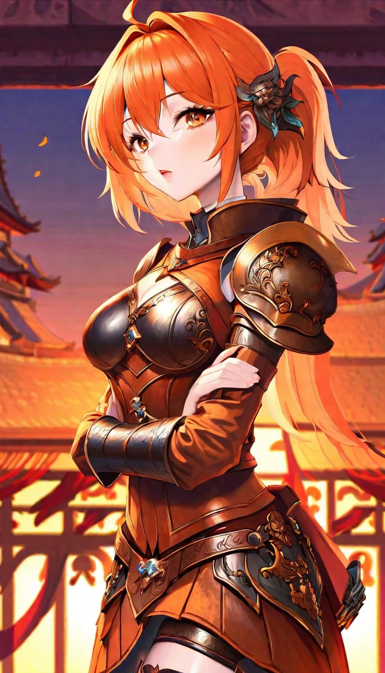 The best ever ultimate Korean beauty girl who looks like a Final Fantasy rucksack, leather armor, brown armor, gauntlet armor, leg armor, shoulder armor, breastplate armor, wild armor, shadow armor, background is solid orange