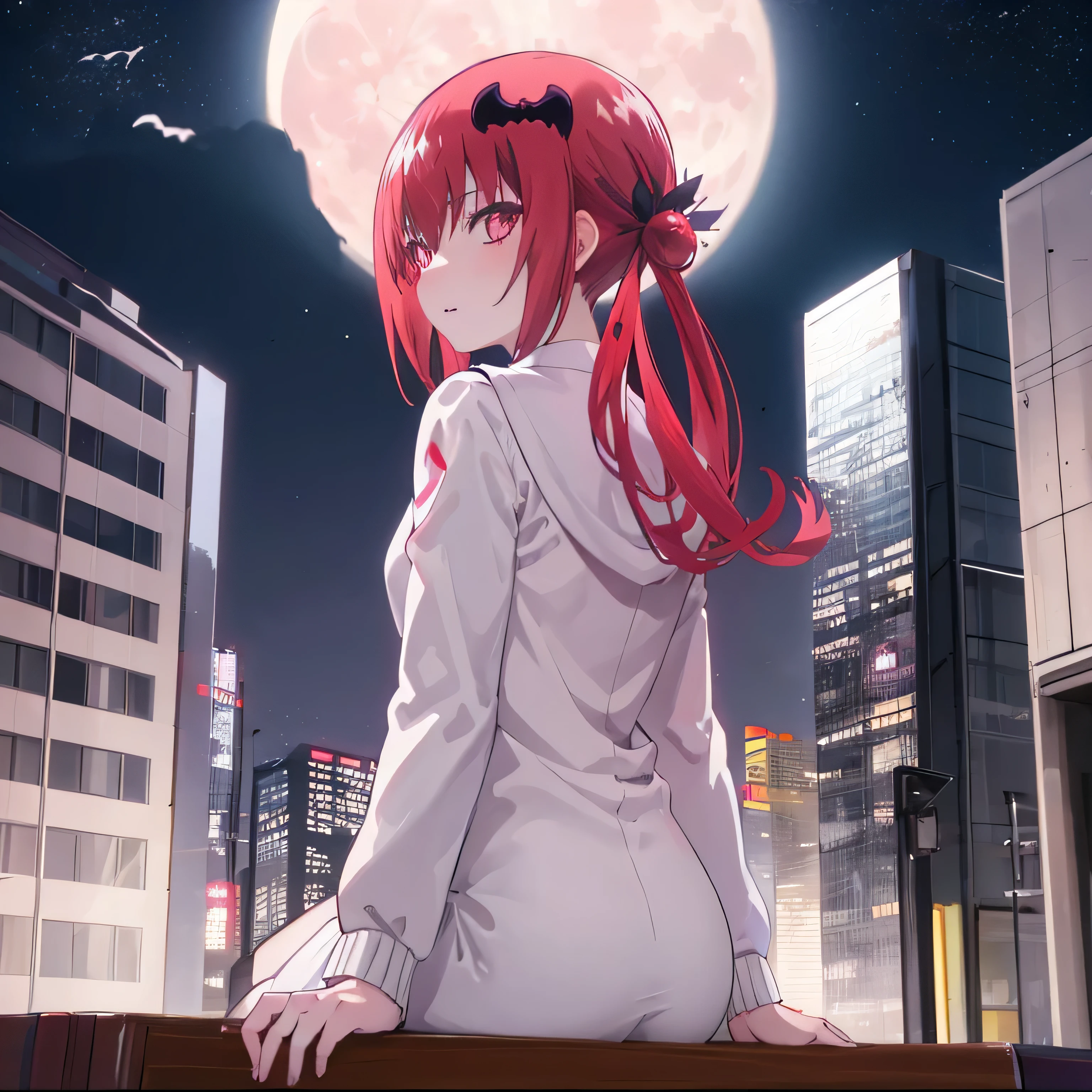 Satanichia McDowell from behind seated 
detailed magenta eyes and hair 
Semi-long red updo with two pigtails
Beautifully dressed white clothes 
Starry Moon 
mountain in a city full of buildings
A lonely girl 