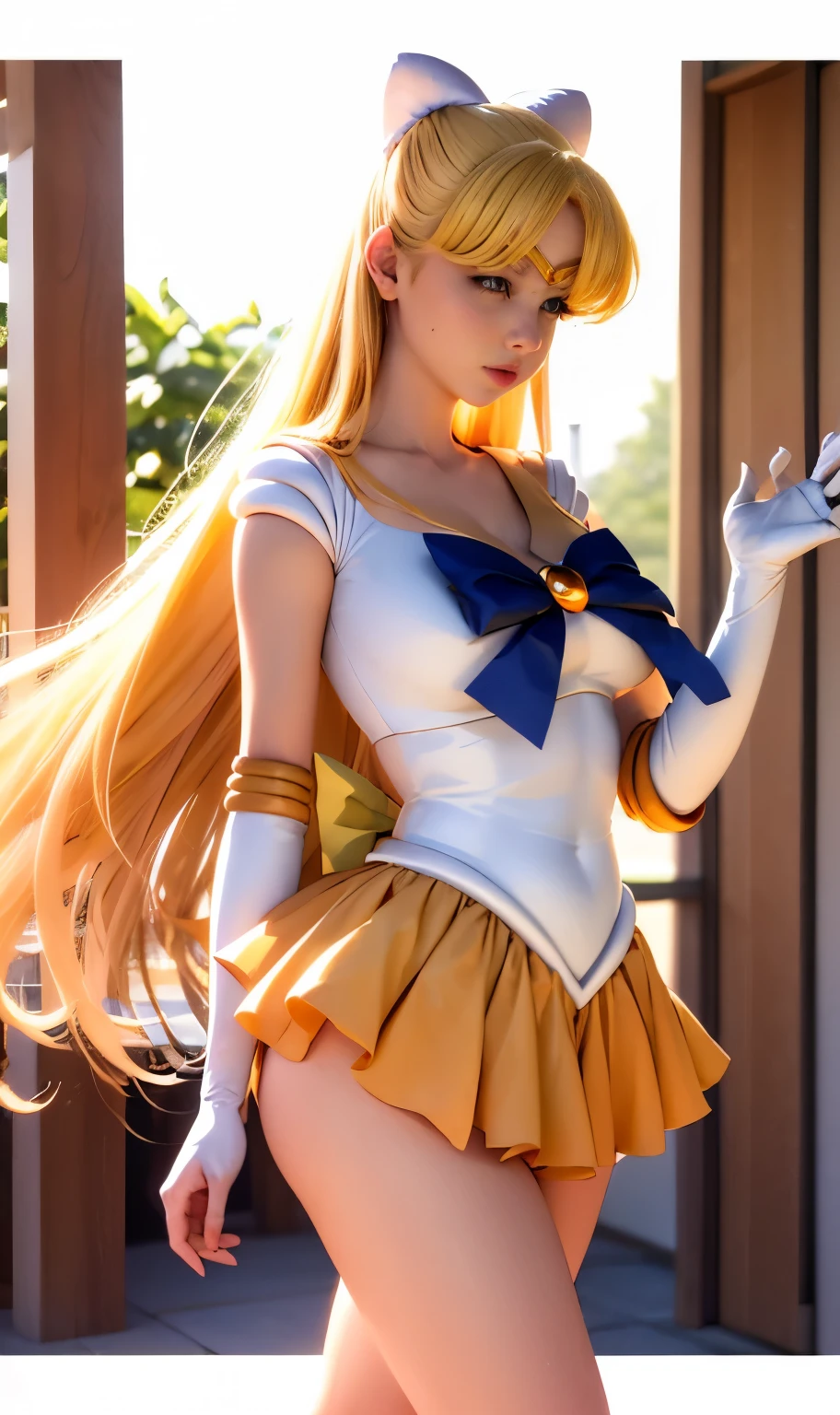 ((masterpiece:1.4)、(top-quality:1.4)、(reallistic:1.7))、masuter piece:1.4、a beauty girl、(Sailor Moon:1.4)、Tsukino Usagi、Body Fit Sexy Sailor Senshi Uniform、(latex shiny)、(The jacket is a white sleeveless sailor suit)、(Skirt is blue sexy ultra ultra mini skirt)、The collar of the sailor suit is blue with two thin lines.、high leg swimsuit、Red cloth ornament at chest、(Wearing white gloves)、Kawaii Girl、Super beauty、foco nítido、Poolside in summer、sunflowers in the background、It's wet、I feel it、A sexy、Beautiful panties、beautiful smiling face、Portrait photos、Upper body photography:1.4、Beautiful expression、beautidful eyes、Narrow waist、(Yellow hair:1.4)、(length hair:1.2)、Raw photo、red-lips、Red high heels:1.4、a choker:1.4、a necklace:1.4、耳Nipple Ring:1.4、Luxurious golden tiara on forehead:1.4、1 screen display、Outdoor landscape