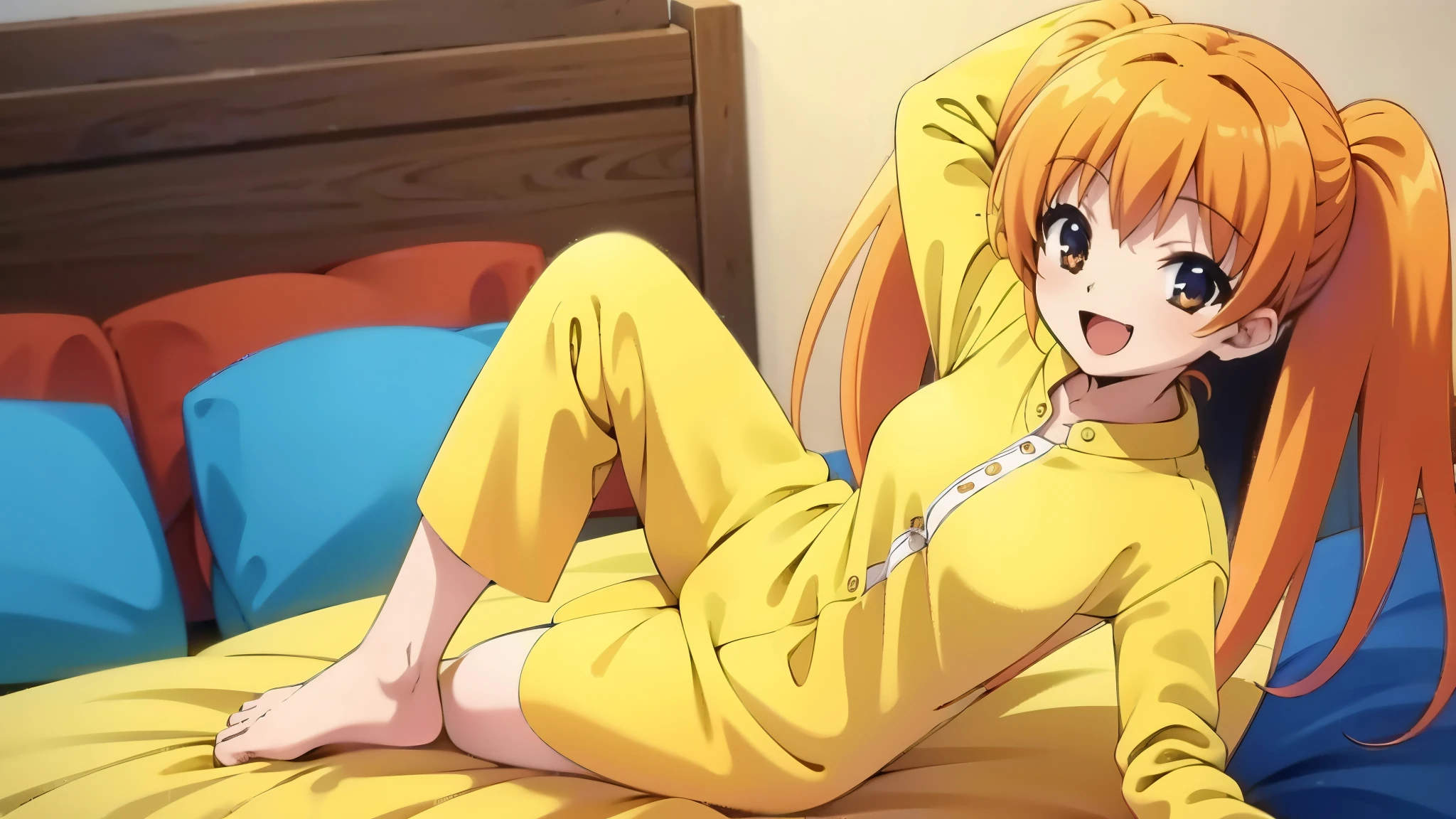 in warm color room, anime style, bold line:-1, orange hair1:4, full body shot, one eye closed, wearing yellow pajamas1:3, sitting on the warm color bed, bare foot1:2, break high bridge1:8, BREAK super straight hair, BREAK smile, BREAK long side twin tails1:6, standing, (best quality,4K,8k, highres icon,masterpiece:1.2),ultra-detailed, stretching her arms, one hand raised to touch her head, smiling happily at home, surrounded by colorful pillows and warm tones, light smile, Stretching,
Waiting to start 