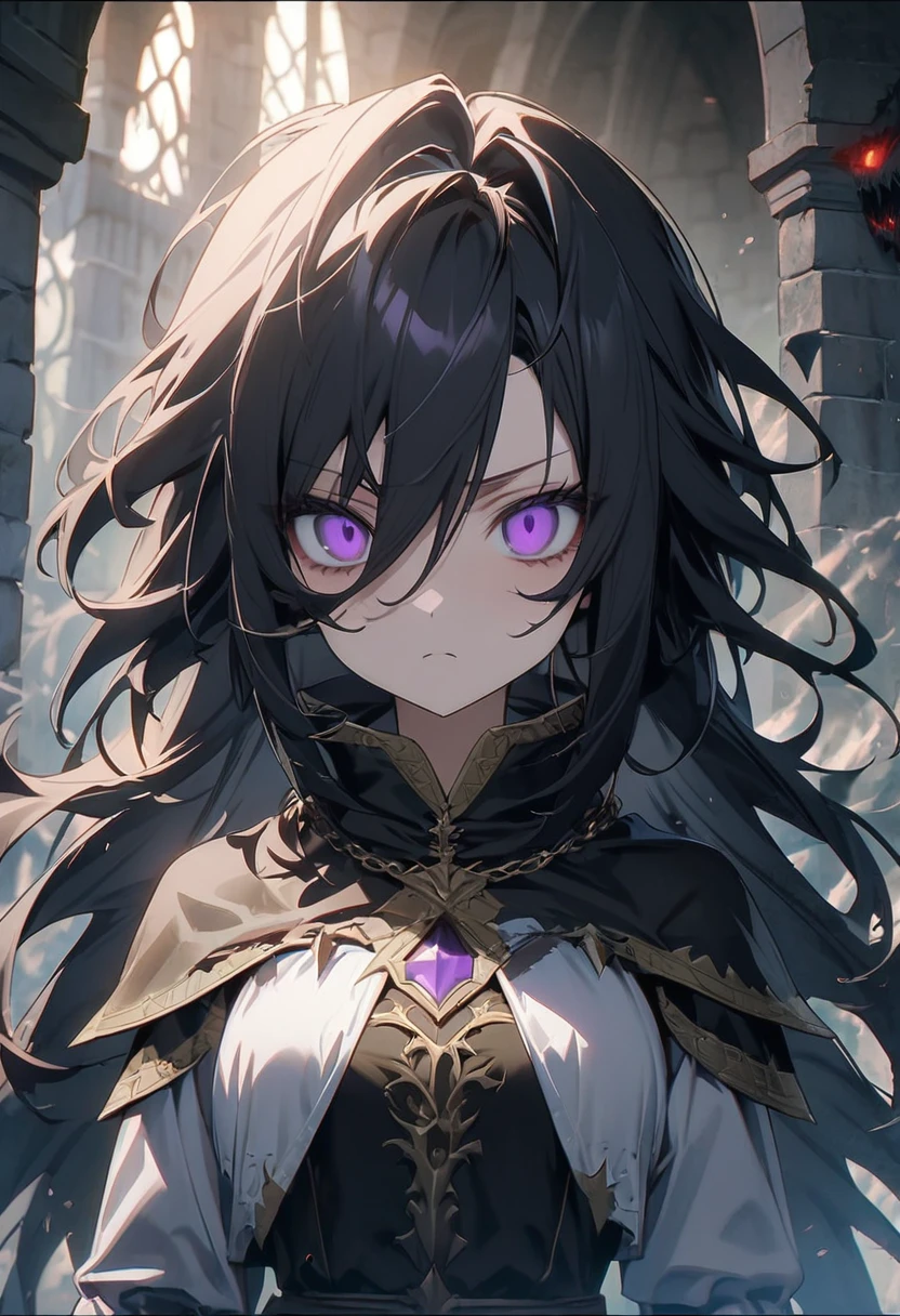 heartless anime girl, demon lord of envy, regal clothing, long black hair, purple demon eyes, widow vibes, scary, intimidating, wtich, medieval, emotionless expression, cold and heartless, evil, mature, light novel art, beautiful woman, powerful, sexy