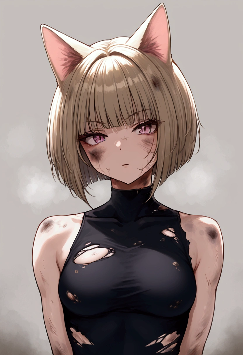 A Cat Girl,  big and strong very strong , short hair with bangs,WHITE,face dirty with dust,  short dirty and torn clothes.