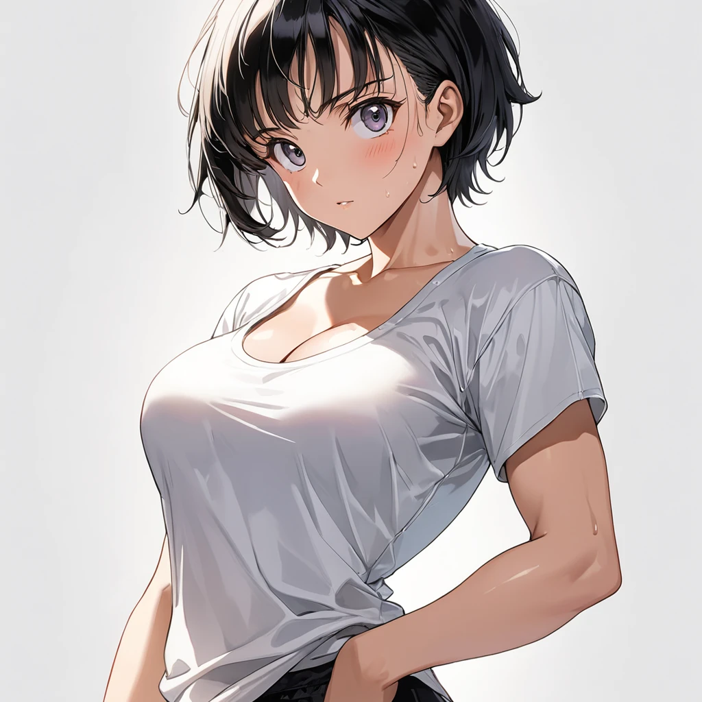 masterpiece, Highest quality, High resolution, (Videl),1990s \(style\),C cup beautiful breasts、height: 160cm,Sweating all over the body,athlete Muscular,sexy,1 girl,solo,Anime-style painting style,black berry short hair,boyish,Big eyes、Cool look,Pointed Eyes,White short sleeve T-shirt,Composition focusing on the upper body,blush,Showing cleavage,Anime-style painting style,,A composition that shows the whole body,Captivating look,Seductively Posing,(white simple background:1.5)