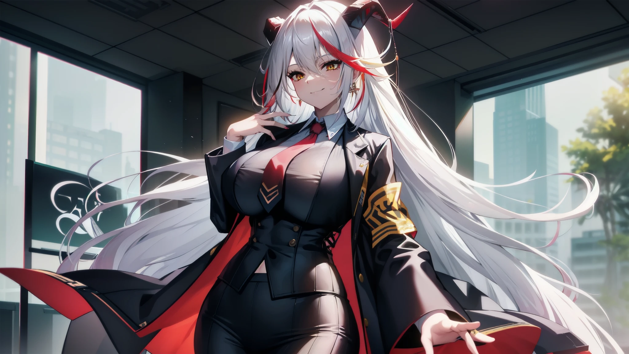 closed mouth, huge breasts, looking at the audience, white hair,,long hair,black horn,red multicolored hair,yellow eyes,,,,office lady,office room,standing,slim,business suit　,cowboy shot,,office lady,business suit,1 office worker,an office worker,necktie,smile