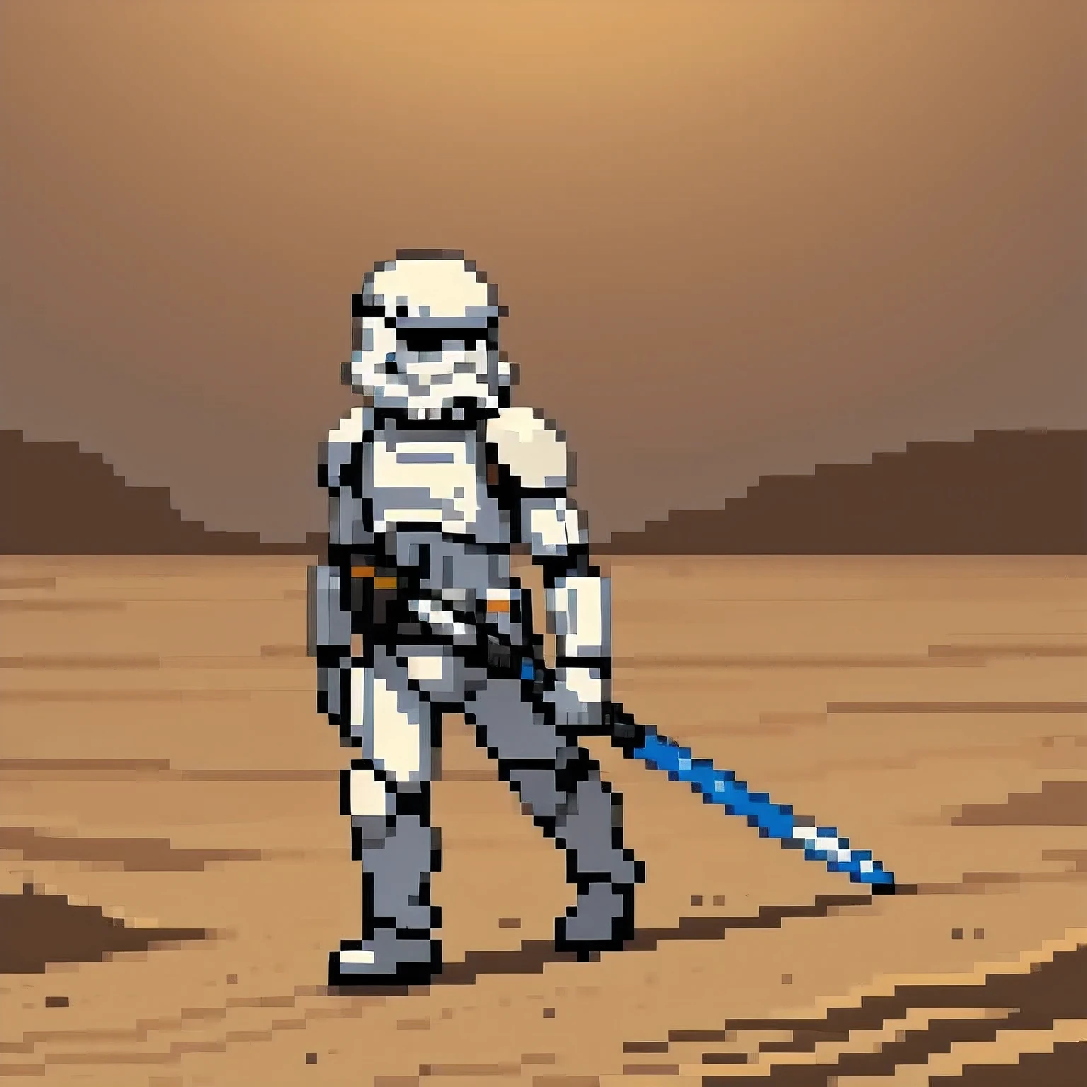 Miniature photograph of a Stormtrooper with Star Wars weapon walking through the desert leaving footprints in the sand cinematic dramatic lighting, blurred desert background.