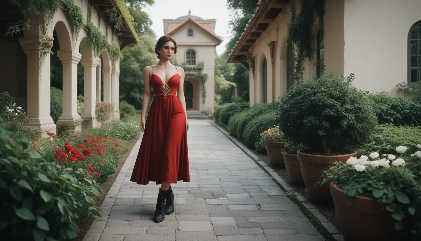 A beautiful woman standing on a path in the middle of a beautiful garden. She wears a closed red dress with gold details and black boots. The dress is fitted to the woman's body, revealing the silhouette of her perfect curves, medium bust, wide hips and thick legs. In the background, the luxurious country house where she lives.