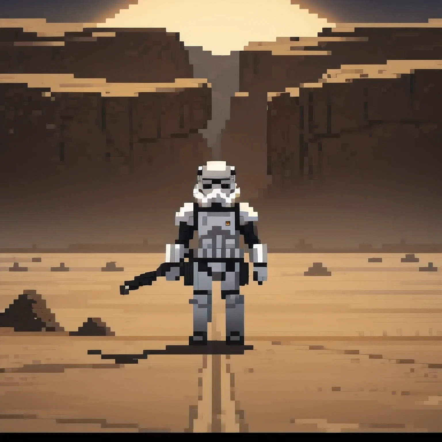 Miniature photograph of a Stormtrooper with Star Wars weapon walking through the desert leaving footprints in the sand cinematic dramatic lighting, blurred desert background.