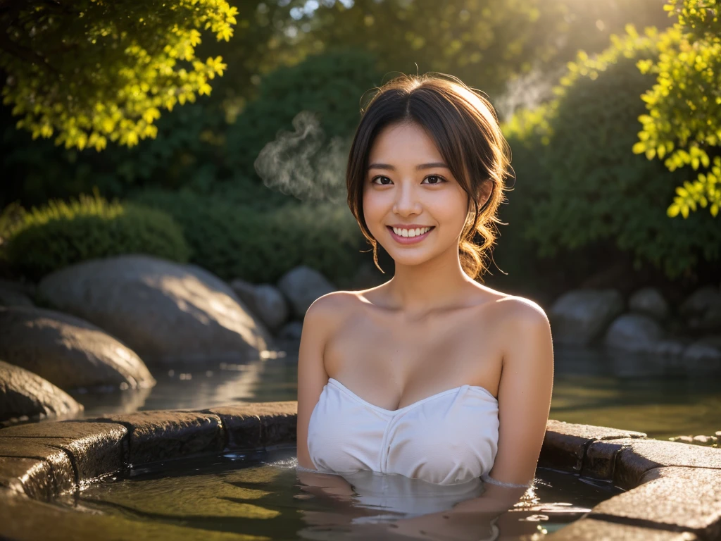 (8k, RAW photo, photorealistic, HQ, masterpiece, Golden ratio composition), (solo:1.4), a cute Japanese woman, (glowing eyes), 
(laugh), short ponytail, (Soaking in a large outdoor bath), (covering chest by hand:1.4), (Chest below hot water:1.4), Sweating, (naked), medium breasts, 
(outdoor very large bath in the woods, Lots of steam, open air Onsen, rotenburo ), Depth of field rally background, backlighting, 