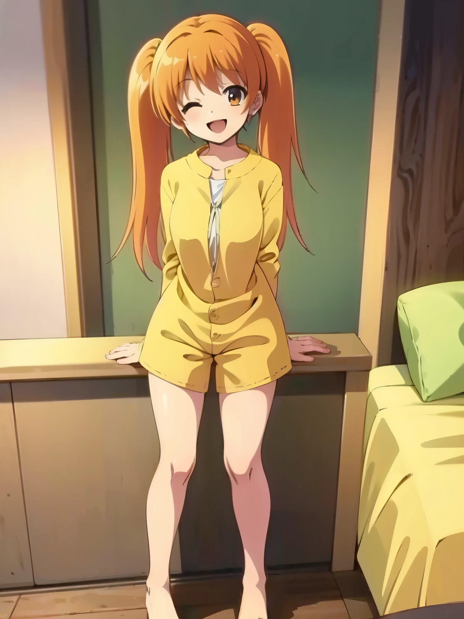 in warm color room, anime style, bold line:-1, orange hair1:4, full body shot, one eye closed, wearing yellow pajamas1:3, sleeping on the warm color bed, bare foot1:2, break high bridge1:8, BREAK super straight hair, BREAK smile, BREAK long side twin tails1:6, (best quality,4k,8k,highres,masterpiece:1.2),ultra-detailed, surrounded by colorful pillows and warm tones, 