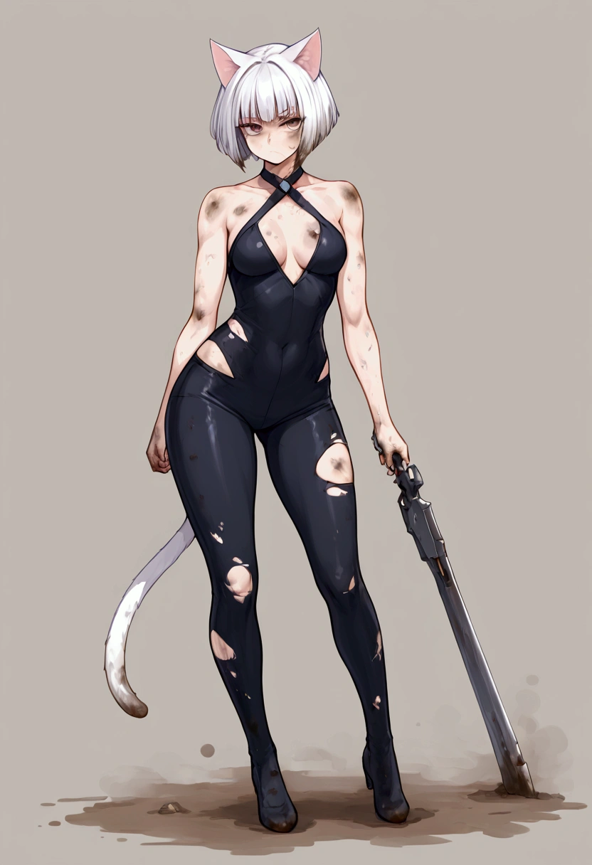 A Cat Girl,  big and strong very strong , short hair with bangs,WHITE,face dirty with dust,  short dirty and torn clothes.  full body , 