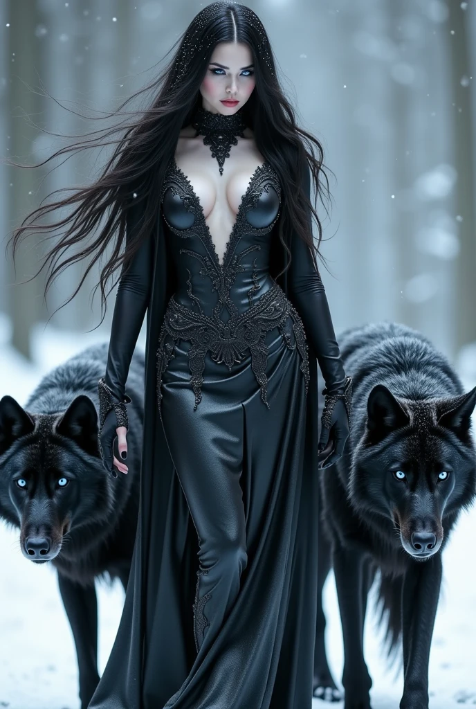 highly detailed portrait, close up of white pale face gothic stunning goddess with glaze blue eyes, long flowing black metallic hair in glowing dark silver victorian haute couture royal regalia, high collar shinny silver cloak, open robe showing cleavage, proportional tall body curve, tribal texture and patterns, perfect bodyline, iconic walking stance in high heels on whirl snow, between a couple giant black wolves standing though , snowflakes and snow rain