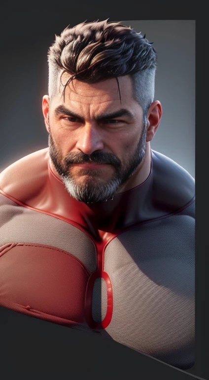 A handsome middle-aged man, 50 years old, muscular, modern superhero, dark hair gray on the sides, medium gray beard, wearing Omniman uniform , hyper bulge, serious, intimidating, personal, storm, realistic. 8k uhd