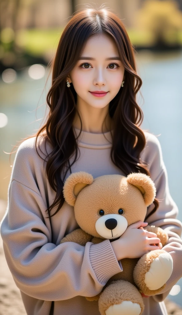  Asian girl walking on the river, mix4, sweater, pillow, lips, open_mouth, realistic, photo_\(medium\), solo, stuffed_animal, stuffed_toy, teddy_bear, (masterpiece), (realism: 1.3), super detailed, (High detail skin: 1.2), (Best quality: 1.0), (Ultra resolution: 1.0), (ULZZANG-6500: 0.3), wavy detail hair, long hair, sunshine, (beautiful detail makeup), (sexually aroused blush, heavy breath: 1.0), floral theme petals scattered, (soft light bloom: 0.5)