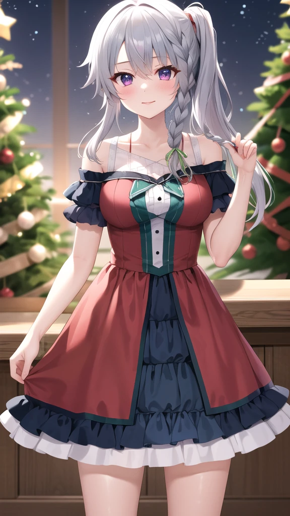 masterpiece, best quality, highres, aasora, braid, long hair, side ponytail, hair ribbon, merry christmas Dress, standing, cowboy shot