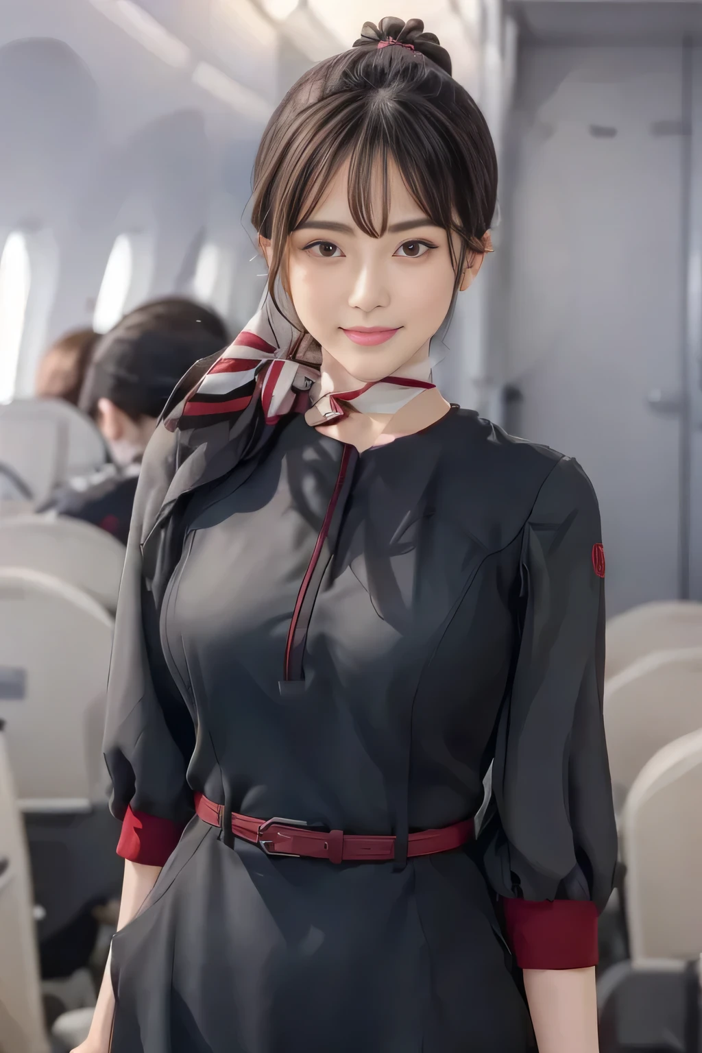 (masterpiece:1.2, Best Quality:1.2), 32kHDR,   high definition , (Alone、 1 girl)、（on board、 professional lighting）、In-flight background、（ realistic style wearing a JAL flight attendant uniform ）、（（ JAL flight attendant uniform short sleeve jumper skirt 、Red belt around the waist  、 scarf around the neck ））、 Dark brown hair 、（Long Hair、Hair tied up、Hair tied up）、 Dark brown hair 、 Long Hit、Big Breasts、Thin legs、（（Great hands：2.0）），（（  Harmonious Body Proportions ：1.5）），（（Normal limbs：2.0）），（（Usually refers to：2.0）），（（ DELICATE EYES FULL OF DECISION：2.0）），（（Normal eyes：2.0））)、smile、（Beautiful standing figure in a JAL flight attendant uniform ）、Hands crossed underneath 