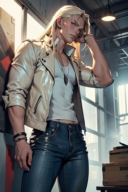 Outdoors, mature white male, wearing ripped blue jeans, blue eyes, wearing white unbuttoned shirt, blue sleeve tattoos right arm, blue sleeve tattoos left arm, blue chest tattoos, blue abdominal tattoos, full body blue tattoos, blue torso tattoos, blonde hair, holding staff, urban environment, night, neon signs, 8k, Unreal engine, highly detailed, photorealistic, silver belt buckle