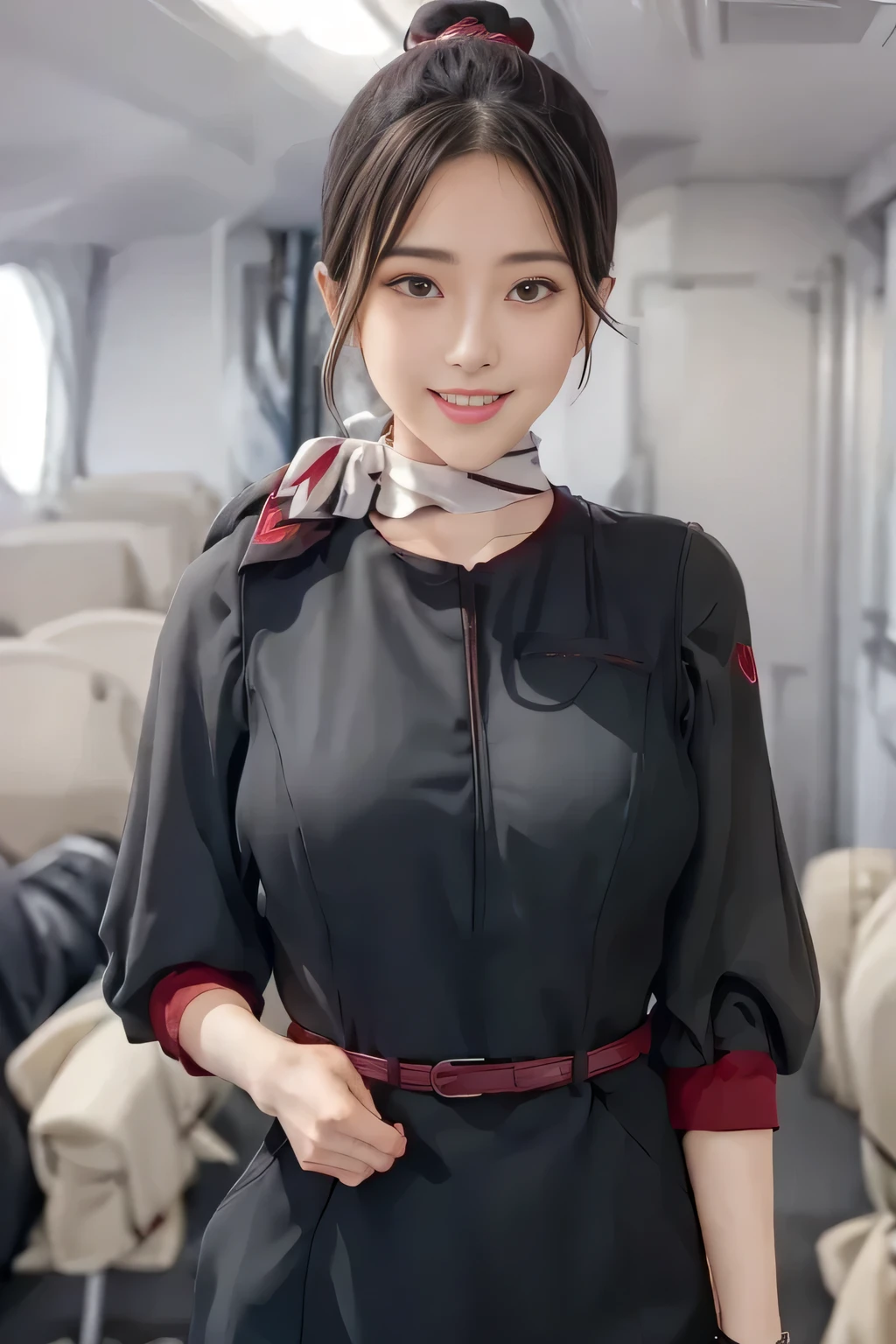 (masterpiece:1.2, Best Quality:1.2), 32kHDR,   high resolution on down , (Alone、 1 girl)、（on board、 Professional Lighting）、In-flight background、（ realistic style wearing a JAL flight attendant uniform ）、（（ JAL flight attendant uniform short sleeve jumper skirt 、Red belt around the waist  、 scarf around the neck ））、 Dark brown hair 、（Long Hair、Hair tied up、Hair tied up）、 Dark brown hair 、 Long Hit、Big Breasts、Thin legs、（（Great hands：2.0）），（（  Harmonious Body Proportions ：1.5）），（（Normal limbs：2.0）），（（Usually refers to：2.0）），（（ DELICATE EYES FULL OF DECISION：2.0）），（（Normal eyes：2.0））)、smile、（Beautiful standing figure in a JAL flight attendant uniform ）、Hands crossed underneath 