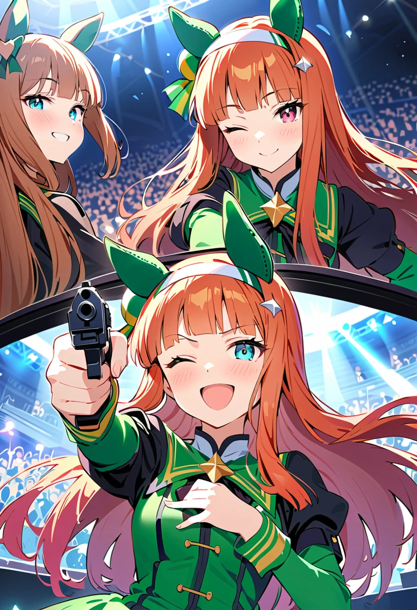 best quality, masterpiece, silence suzuka \(umamusume\), shobu_huku, smile, wink, one eye closed, live stage, conffeti, audience,aiming a pistol at the viewer,