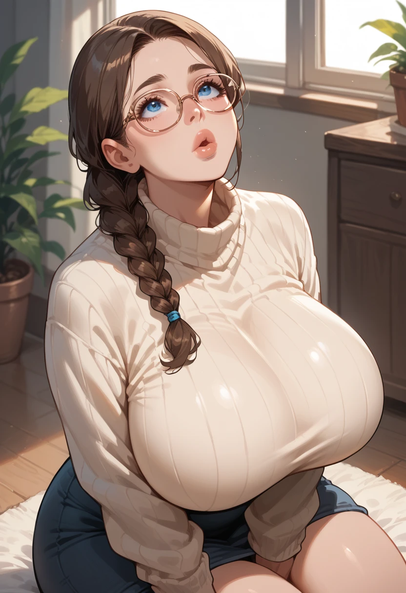 woman on her knees looking up, wearing a sweater, gigantic breasts, plump lips, glasses, blue eyes, looking up, braided ponytail, brown hair