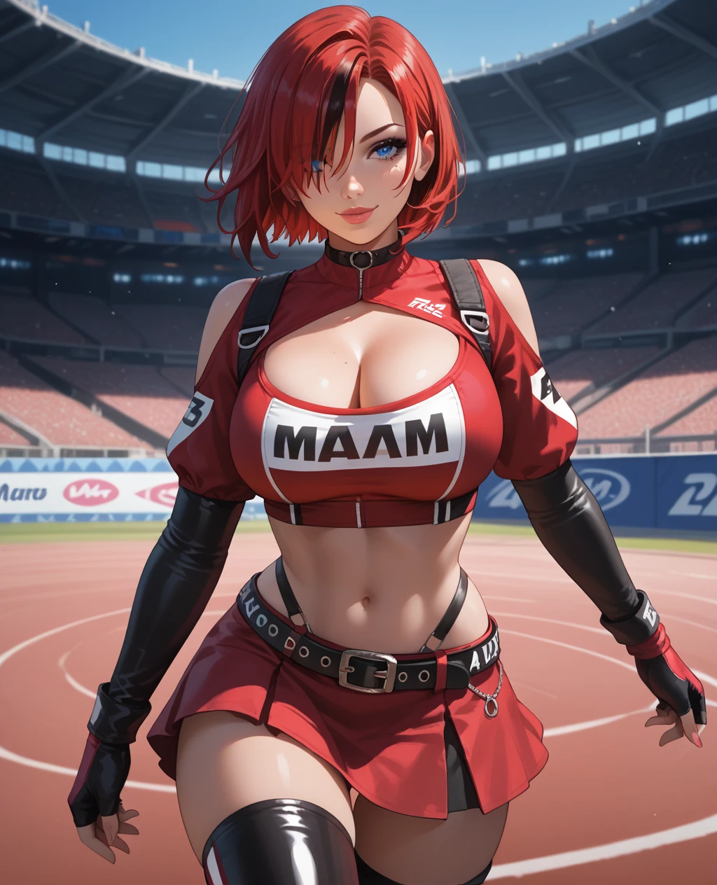 score_9, score_8_up, score_7_up, score_6_up, score_5_up, score_4_up, 4, 1 girl, , xjoannax, red hair, short hair, multicolored hair, hair over one eye, blue eyes,rpurple eye, (detailed eyes), (detailed facial features), mole, seductive smile, (lipstick:0.2), thick pink lips, makeup, crop top, red shirt, shoulder straps, black choker, midriff, navel, red miniskirt, red skirt, black belt, thigh boots, race queen, black footwear, thigh strap, fingerless gloves, black gloves, red gloves, mismatched gloves, cleavage cutout, cleavage, mature body, dynamic cowboy shot, outdoors, stadium racing track background, Detailed Background expressiveh, 