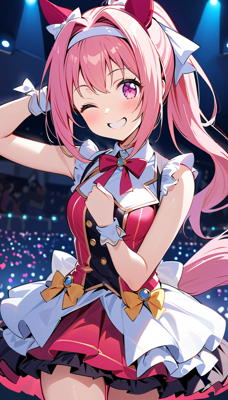 best quality, masterpiece,1girl, haru urara, ponytail, hair bow, white bow, headband, animal ears, ear covers, symbol in eye, flower in eye, horse tail,idol costume, smile, wink, one eye closed, live stage, conffeti, audience,