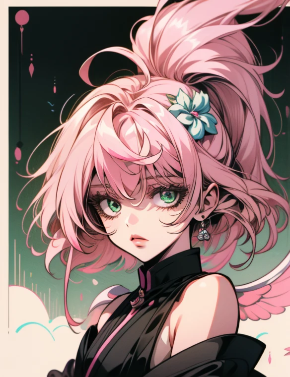 Alisa Bosconovitch,  Best quality , contemporary, flat style, minimalism, Illustrates??the green eyed plane, pink hair, with carnation flower in hair,  short hair, multicolored hair, black shirt, mechanical wings, in dress, Close-U head portrait, Pointed Chest, neckline, super neckline, medium breasts, Tekken，pink hair pastel, 1 girl, in kimono, hand painted，Line drawing without color,  colored Yandere pastel , Tekken, Super cute girl with pink hair with gothic makeup on the side, in maid&#39;s clothes，slender figure，robust，He sat on the floor，Dressed in pink and white maid outfits，very short hair， with cat ears，quadratic element，,  pink lips by Alisa Bosconovich , Alisa Bosconovich&#39;s pink lips,  kawaii pink in 1910-era clothing , an anime illustration of your face, animated gifs, hand drawn animation, charming sketches, smooth and shiny, hazy romanticism, Superflat style, white background - air 1:1 - niji 5 - expressive style --s 50 , pink kawaii in the 1920s clothing eraPink eagles, wearing a bright white shirt,  kawaii pink in 1910-era clothing , an anime illustration of your face, animated gifs, hand drawn animation, charming sketches, smooth and shiny, hazy romanticism, Superflat style, white background - air 1:1 - niji 5 - expressive style --s 50, Absurd, high,  ultra detailed , (1 girl:1.3), to break , Create an image with beautiful calligraphy, with expressive letters, elegant flourishes and a sense of skill and ability, Lesser Dragon，girl，Hands on arms
