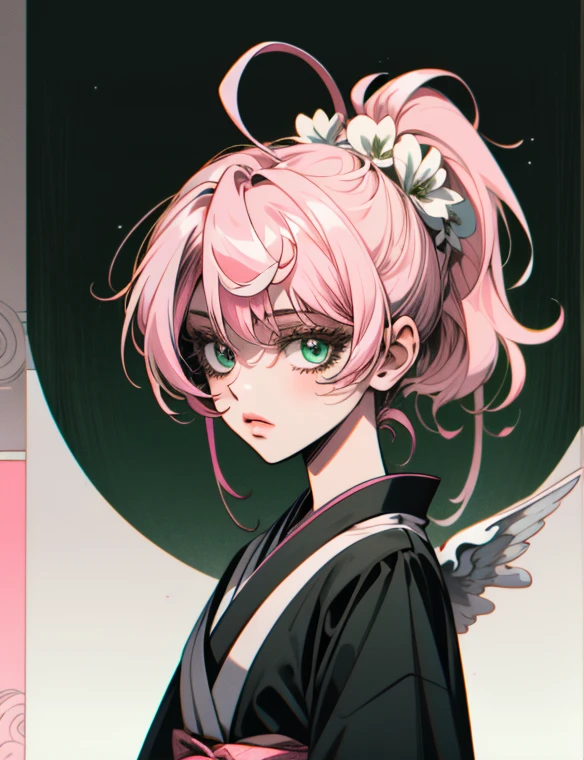 Alisa Bosconovitch,  Best quality , contemporary, flat style, minimalism, Illustrates??the green eyed plane, pink hair, with carnation flower in hair,  short hair, multicolored hair, black shirt, mechanical wings, in dress, Close-U head portrait, Pointed Chest, neckline, super neckline, medium breasts, Tekken，pink hair pastel, 1 girl, in kimono, hand painted，Line drawing without color,  colored Yandere pastel , Tekken, Super cute girl with pink hair with gothic makeup on the side, in maid&#39;s clothes，slender figure，robust，He sat on the floor，Dressed in pink and white maid outfits，very short hair， with cat ears，quadratic element，,  pink lips by Alisa Bosconovich , Alisa Bosconovich&#39;s pink lips,  kawaii pink in 1910-era clothing , an anime illustration of your face, animated gifs, hand drawn animation, charming sketches, smooth and shiny, hazy romanticism, Superflat style, white background - air 1:1 - niji 5 - expressive style --s 50 , pink kawaii in the 1920s clothing eraPink eagles, wearing a bright white shirt,  kawaii pink in 1910-era clothing , an anime illustration of your face, animated gifs, hand drawn animation, charming sketches, smooth and shiny, hazy romanticism, Superflat style, white background - air 1:1 - niji 5 - expressive style --s 50, Absurd, high,  ultra detailed , (1 girl:1.3), to break , Create an image with beautiful calligraphy, with expressive letters, elegant flourishes and a sense of skill and ability, Lesser Dragon，girl，Hands on arms
