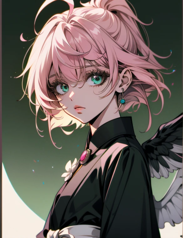 Alisa Bosconovitch,  Best quality , contemporary, flat style, minimalism, Illustrates??the green eyed plane, pink hair, with carnation flower in hair,  short hair, multicolored hair, black shirt, mechanical wings, in dress, Close-U head portrait, Pointed Chest, neckline, super neckline, medium breasts, Tekken，pink hair pastel, 1 girl, in kimono, hand painted，Line drawing without color,  colored Yandere pastel , Tekken, Super cute girl with pink hair with gothic makeup on the side, in maid&#39;s clothes，slender figure，robust，He sat on the floor，Dressed in pink and white maid outfits，very short hair， with cat ears，quadratic element，,  pink lips by Alisa Bosconovich , Alisa Bosconovich&#39;s pink lips,  kawaii pink in 1910-era clothing , an anime illustration of your face, animated gifs, hand drawn animation, charming sketches, smooth and shiny, hazy romanticism, Superflat style, white background - air 1:1 - niji 5 - expressive style --s 50 , pink kawaii in the 1920s clothing eraPink eagles, wearing a bright white shirt,  kawaii pink in 1910-era clothing , an anime illustration of your face, animated gifs, hand drawn animation, charming sketches, smooth and shiny, hazy romanticism, Superflat style, white background - air 1:1 - niji 5 - expressive style --s 50, Absurd, high,  ultra detailed , (1 girl:1.3), to break , Create an image with beautiful calligraphy, with expressive letters, elegant flourishes and a sense of skill and ability, Lesser Dragon，girl，Hands on arms
