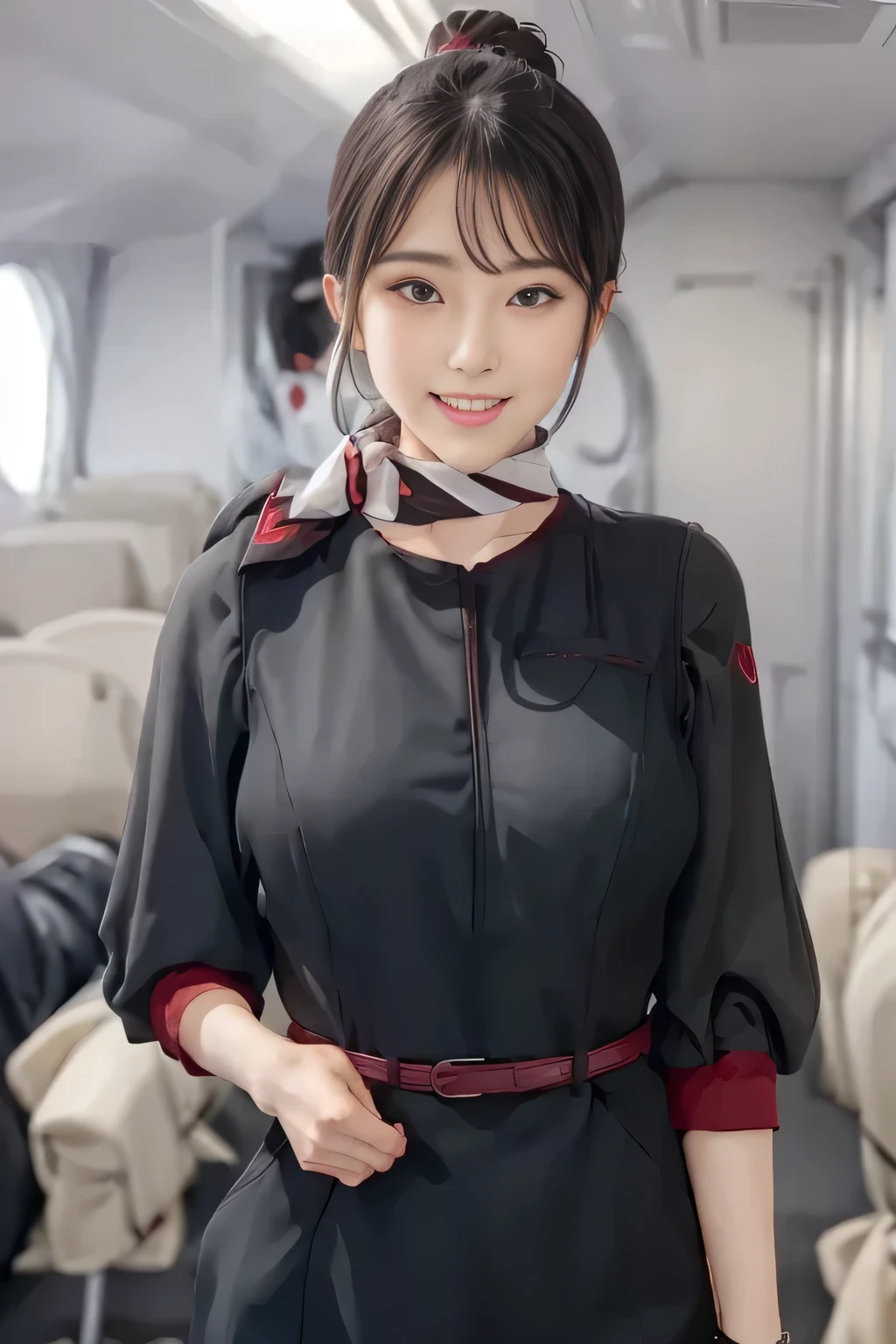 (masterpiece:1.2, Best Quality:1.2), 32kHDR,   high resolution on down , (Alone、 1 girl)、（on board、 Professional Lighting）、In-flight background、（ realistic style wearing a JAL flight attendant uniform ）、（（ JAL flight attendant uniform short sleeve jumper skirt 、Red belt around the waist  、 scarf around the neck ））、 Dark brown hair 、（Long Hair、Hair tied up、Hair tied up）、 Dark brown hair 、 Long Hit、Big Breasts、Thin legs、（（Great hands：2.0）），（（  Harmonious Body Proportions ：1.5）），（（Normal limbs：2.0）），（（Usually refers to：2.0）），（（ DELICATE EYES FULL OF DECISION：2.0）），（（Normal eyes：2.0））)、smile、（Beautiful standing figure in a JAL flight attendant uniform ）、Hands crossed underneath 