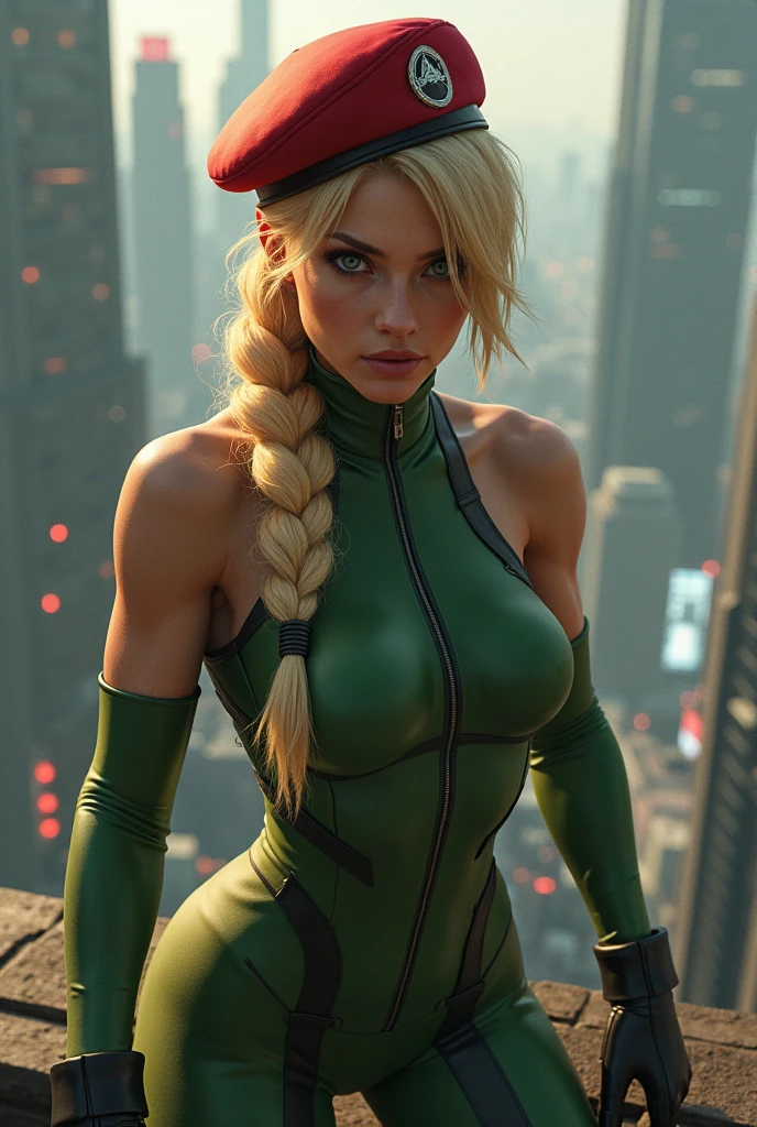photo of a Cammy from Street Fighter, street fighter aesthetics, RAW, beautiful woman, ((portrait)), ((detailed face:1.2)), ((detailed facial features)), (finely detailed skin), pale skin, (cyberpunk cyberpunk steel dress with detailed high deep neckline), cyberpunk megacity environment, (cool colors), damp, damp, reflections, (masterpiece) (perfect proportion)(realistic photo)(best quality) (detailed) photographed on a Canon EOS R5, 50mm lens, F/2.8, HDR, (8k) (wallpaper) (cinematic lighting) (dramatic lighting) (sharp focus) (intricate)