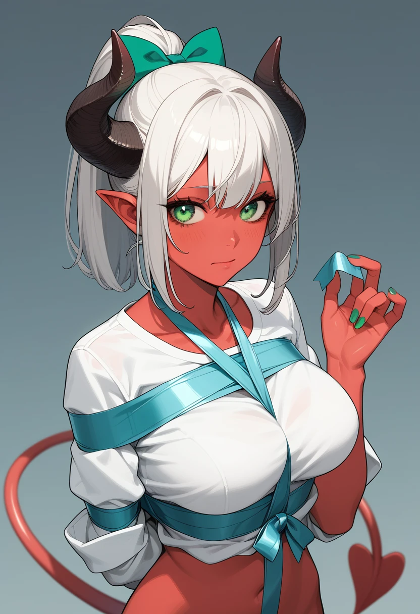 score_9, score_8_up, score_7_up, score_6_up, score_5_up, score_4_up, meru, succubus young woman, woman has red skin, big breast, short_ponytail, scorpion_tail, white hair, green bow on head, green eyes, cute look, little horns,green nails,white shirt on a naked body, woman tied with blue duct tape, shibari with blue duct tape, form-fitting clothes, tight clothes, only white shirt on body