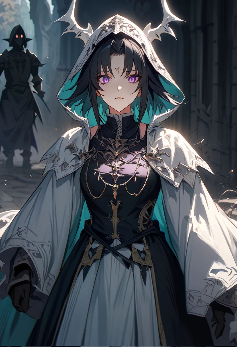 heartless anime girl, demon lord of envy, regal clothing, long straight black hair, purple demon eyes, widow vibes, scary, intimidating, wtich, medieval, emotionless expression, cold and heartless, evil, mature, light novel art, beautiful woman, powerful