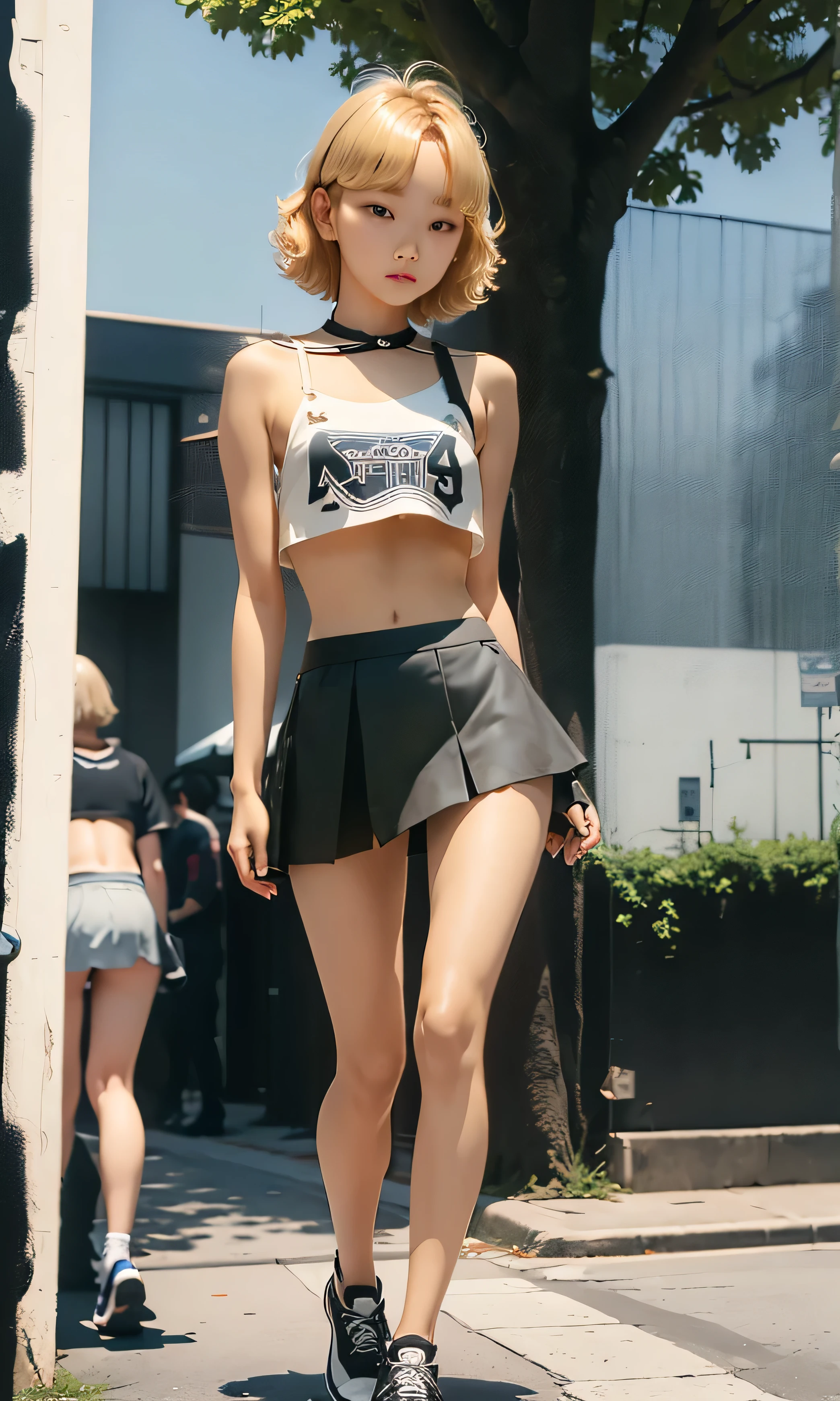  masterpiece , 1 teenage girl, Kim Chaewon, Asian Korean ,  short hair ,  wavy hair , blonde hair, Brown eyes,  full body, facing the mirror,  small tits , flat stomach,  nice legs, piel Blanca,  sports shoes, brown leather skirt, black top with thin straps, on the street,  large trees ,