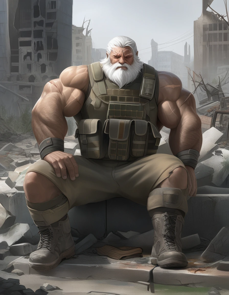 semirealistic:1.3, extremely detailed, detailed face, detailed eyes, detailed muscle, (view full body), ((1man)), ((huge muscular old man soldier sitting resting in the ruins of the building)), massive muscular, thick arms, pectoral, the old man is soldier and (wearing soldier uniform), old man (facial hair, beaded, white beard, battel scar face, short hair, white hair, strong character, strong muscle), (background ((waster land, post-apocalypse, ruined city)))