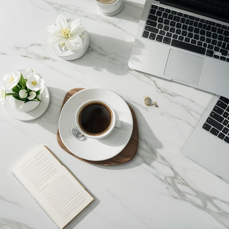 It's on a white marble desk、closed laptop、 coffee cup 、White Flower、Tasteful arrangement 、 leave blank 、View from directly above