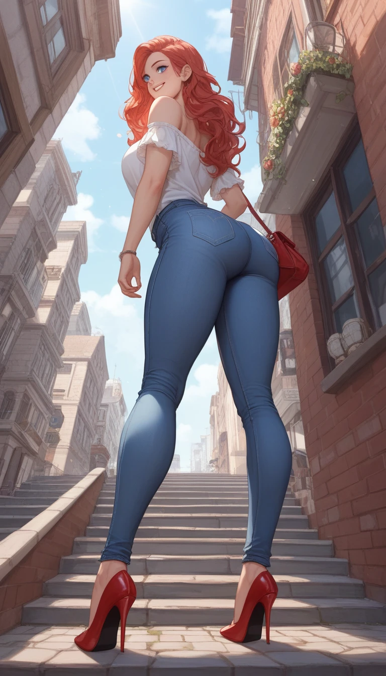 30-year-old Caucasian woman、Soft wavy long hair、Shiny hair quality、Sparkling blue eyes、A feminine and soft body、developed buttocks、Toned thighs and calves、Wearing high heels、Shiny red off-the-shoulder mini flareＴshirt、High rise navy jeans、A low-angle shot from behind of a man climbing the cobblestone stairs of a city、Photographed with a slight fisheye lens effect、Shooting focused on the lower body、(From below:1.3)、Smiling while looking down at the photographer